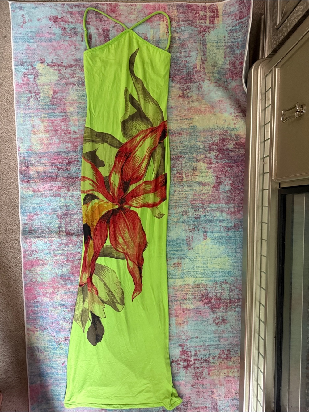 Fashion Nova Lime Green Maxi Skirt with Red Floral Print